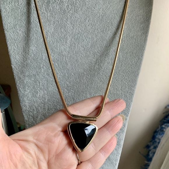 Gold Tone Snake Chain - Black Triangle Pendant Necklace. - Picture 6 of 8